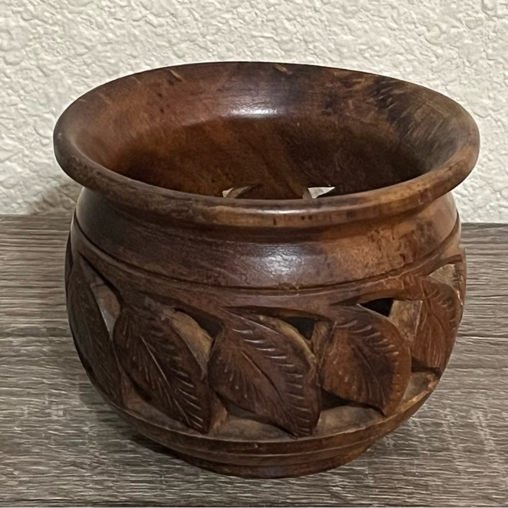 Hand Carved Wooden Acadia Candle Holder With Cutout Leaves Bohemian Decor - Picture 5 of 9